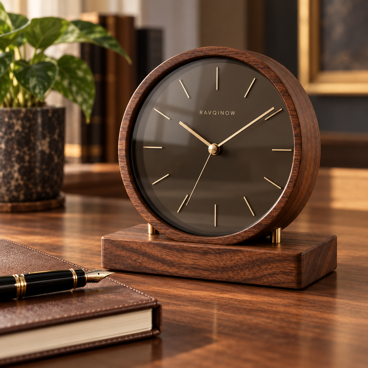 RAVQINOW Walnut Analog Desk Clock
