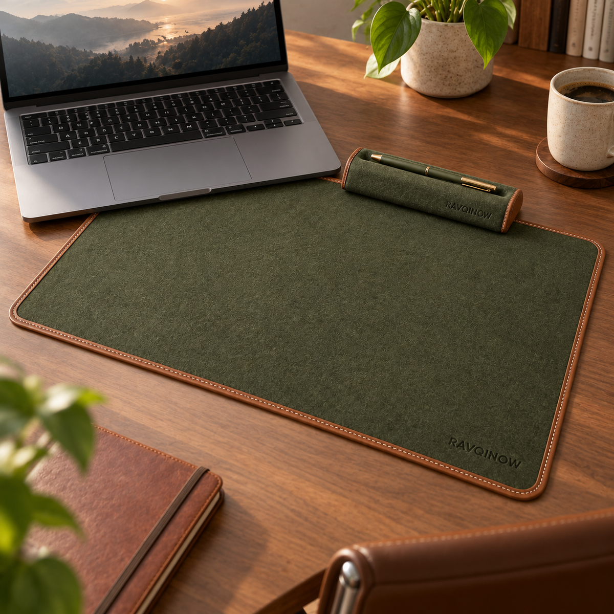 RAVQINOW Olive Felt Desk Mat & Pen Rest
